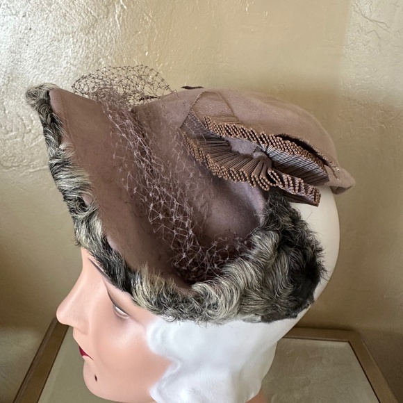 SOPHISTICATED TAUPE FELT & MOUTON FUR HALO HAT + GROSGRAIN TRIM & VEIL